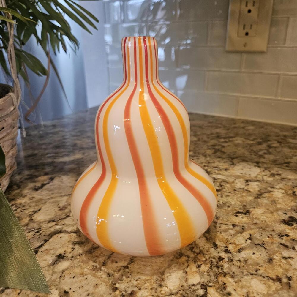 Vintage Orange Striped Handblown Murano Style Italian Art Glass Gourd Vase - Picture 1 of 6